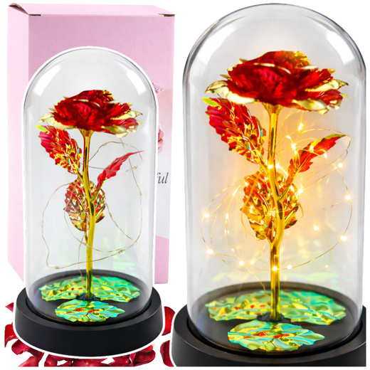 Wieczna Kryształowa Róża w Kopule z Oświetleniem LED Czerwona 21x11cm