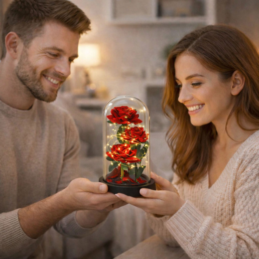 Wieczne 3 Róże w Kopule z Oświetleniem LED i Płatkami Róż Czerwone 21x11cm