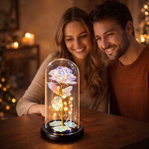 Wieczna Róża W Kopule Kryształowa Kolorowa Oświetlenie LED 21x11cm 