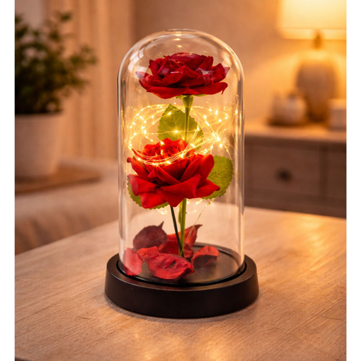 Wieczne 2 Róże w Kopule z Oświetleniem LED i Płatkami Róż Czerwone 21x11cm 