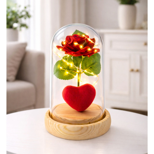 Wieczna Róża w Kopule z Oświetleniem LED Czerwona z Serduszkiem 14x8cm