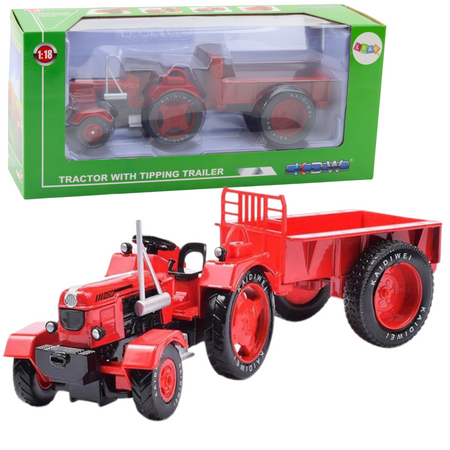 Metalowy Traktor Rolniczy Z Przyczepą Czerwony 1:18