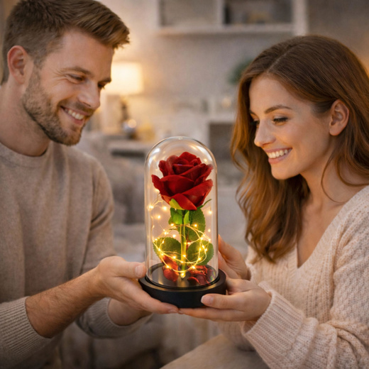 Wieczna Róża w Kopule z Oświetleniem LED Czerwona 21x11cm