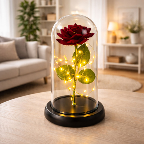 Wieczna Róża w Kopule z Oświetleniem LED Czerwona 21x11cm