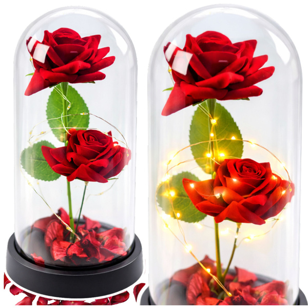 Wieczne 2 Róże w Kopule z Oświetleniem LED i Płatkami Róż Czerwone 21x11cm 