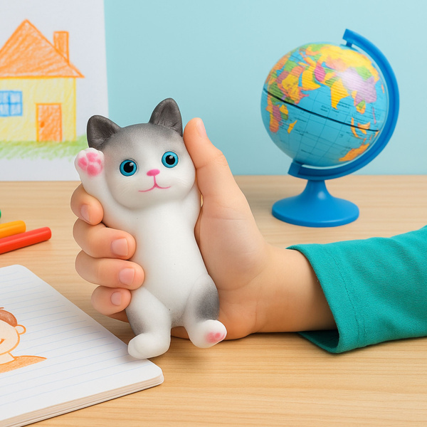 Gniotek Sensoryczny Miękki Kotek Leżący Sierść Biało-Szary 13 x 6,5 cm 