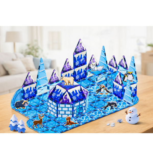 Klocki Magnetyczne Lodowa Kraina Figurki Zwierząt Niebieskie 94 el. 