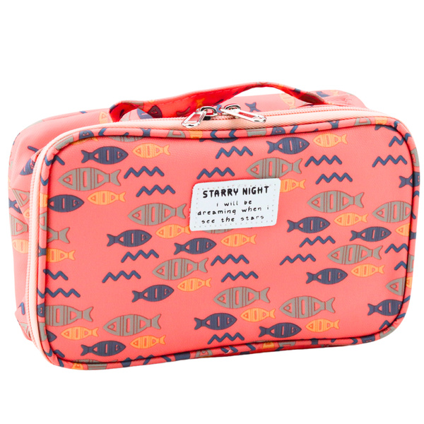 Piórnik Szkolny Organizer Kosmetyczka Dodatkowa Kieszonka Ryby Różowy 22,5cm