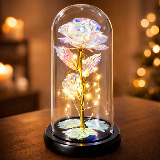 Wieczna Róża W Kopule Kryształowa Kolorowa Oświetlenie LED 21x11cm 