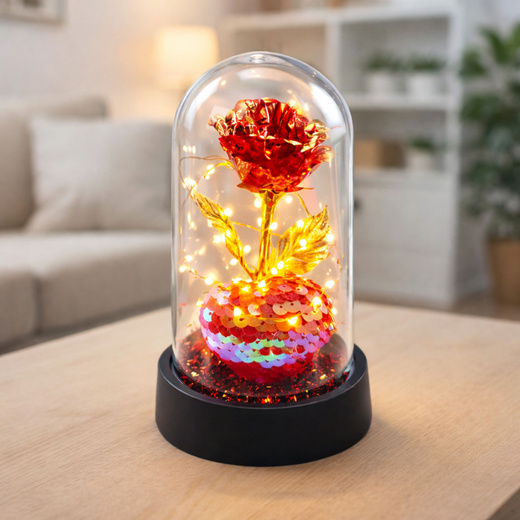 Wieczna Róża Kryształowa w Kopule z Oświetleniem LED z Serduszkiem 14x8cm