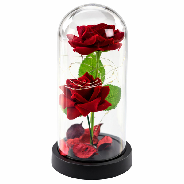 Wieczne 2 Róże w Kopule z Oświetleniem LED i Płatkami Róż Czerwone 21x11cm 