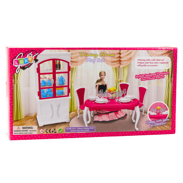 Zestaw Jadalnia Dla Lalek Stół Krzesła Kredens Zastawa 