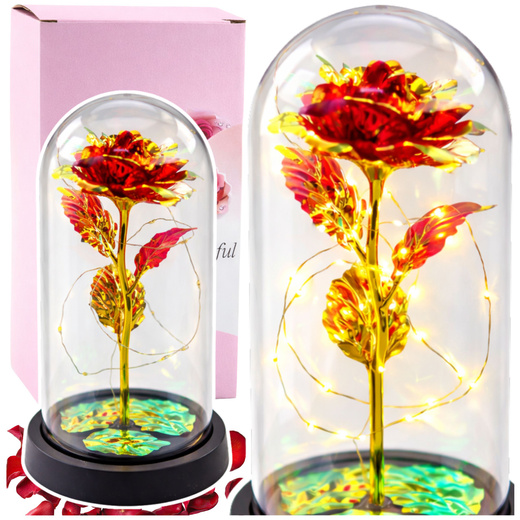 Wieczna Róża W Kopule Kryształowa Oświetlenie LED Czerwona 21x11cm  