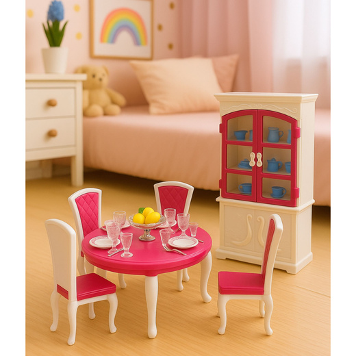 Zestaw Jadalnia Dla Lalek Stół Krzesła Kredens Zastawa 