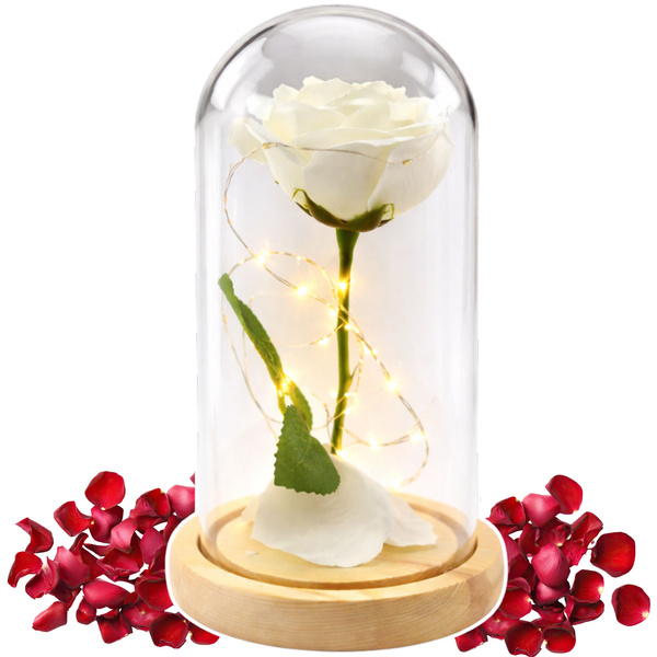  Wieczna Róża W Szkle Kopuła Oświetlenie LED Biała 21x11cm 