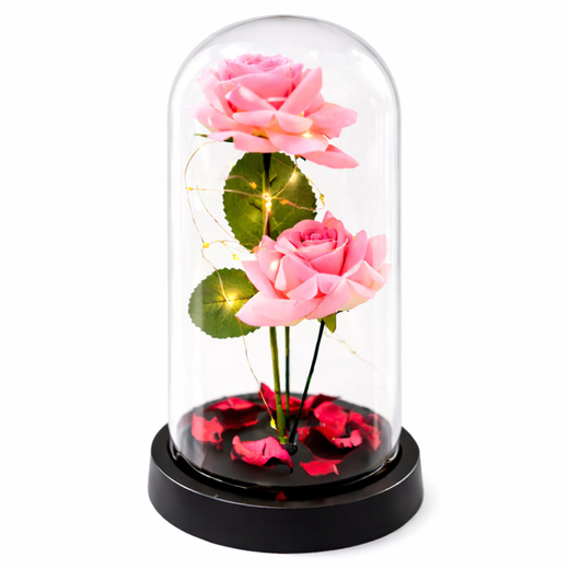 Wieczne Róże w Kopule z Oświetleniem LED i Płatkami Róż Różowe 21x11cm