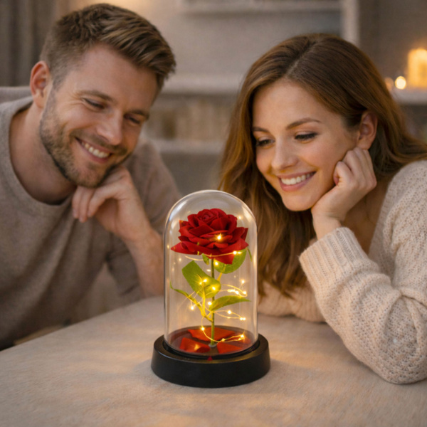 Wieczna Róża W Szklanej Kopule Oświetlenie LED Czerwona 21,5 x 11 cm 