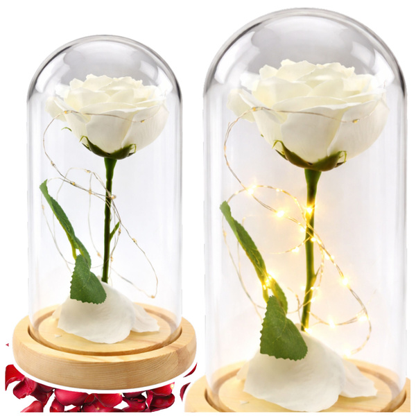  Wieczna Róża W Szkle Kopuła Oświetlenie LED Biała 21x11cm 