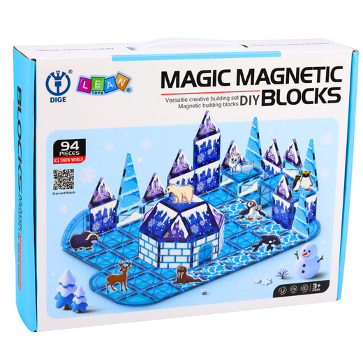 Klocki Magnetyczne Lodowa Kraina Figurki Zwierząt Niebieskie 94 el. 