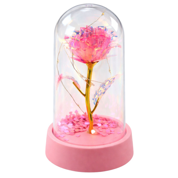 Wieczna Róża Kryształowa w Kopule z Oświetleniem LED Różowa 14x8cm