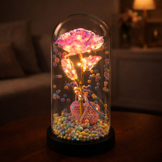 Wieczna Róża w Kopule z Oświetleniem LED Różowa z Serduszkiem i Kuleczkami 