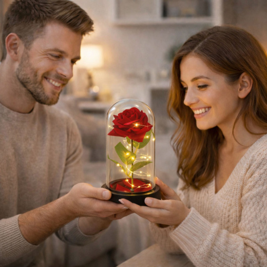 Wieczna Róża W Szklanej Kopule Oświetlenie LED Czerwona 21,5 x 11 cm 