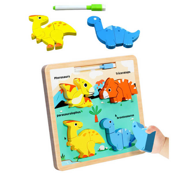 Układanka Tablica 2w1 Drewniana Edukacyjna Dinozaury Pisak 
