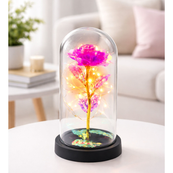  Wieczna Kryształowa Róża w Kopule z Oświetleniem LED Różowa 21x11cm 