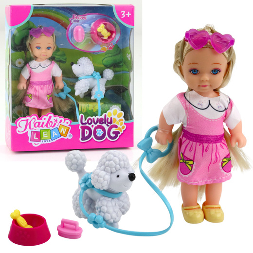 Zestaw Mini Laleczka Z Pieskiem Na Smyczy Miska Z Kością 
