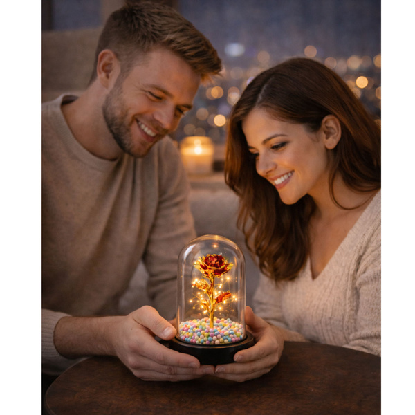 Wieczna Róża W Kopule Kryształowa Oświetlenie LED Kuleczki Czerwona 21x11cm