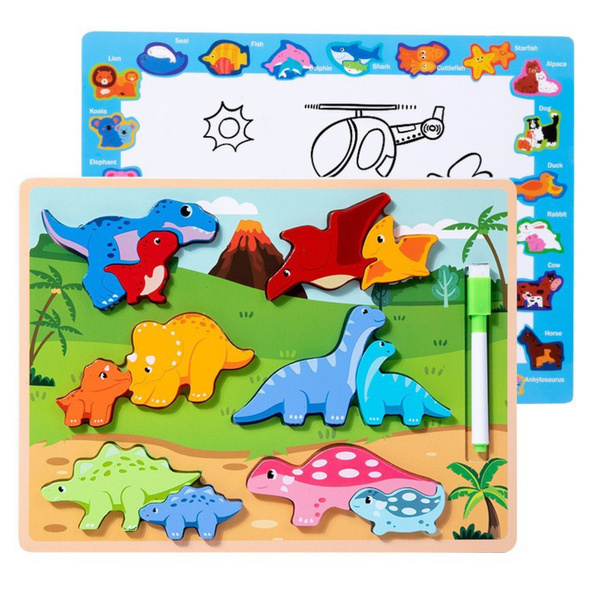 Układanka Tablica 2w1 Drewniana Edukacyjna Pisak Dinozaury 12el 