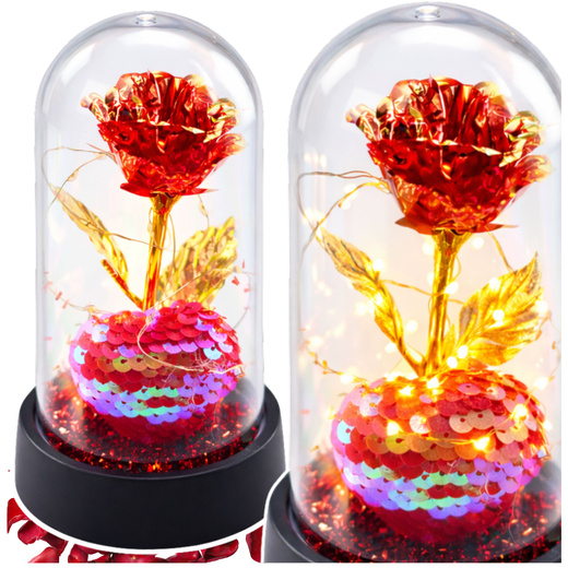 Wieczna Róża Kryształowa w Kopule z Oświetleniem LED z Serduszkiem 14x8cm