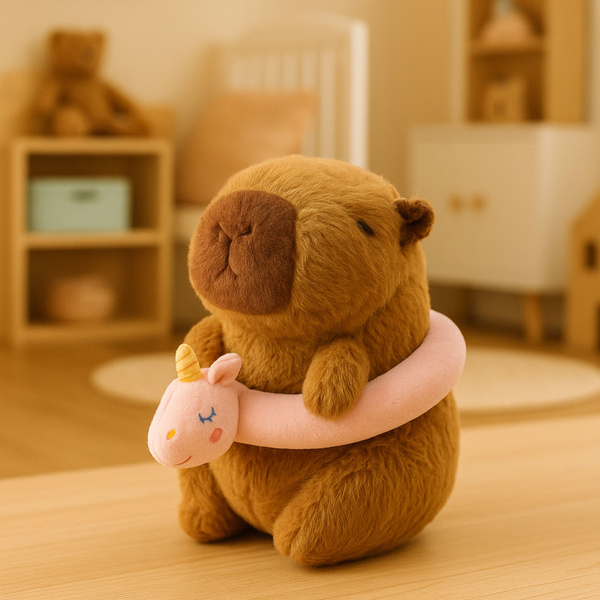 Pluszowa Kapibara Różowe Koło Ratunkowe Z Jednorożcem Brązowa 20cm