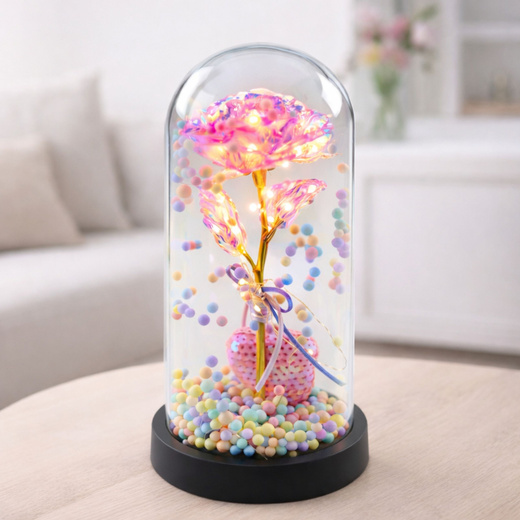 Wieczna Róża w Kopule z Oświetleniem LED Różowa z Serduszkiem i Kuleczkami 