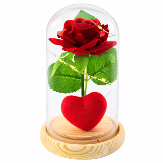 Wieczna Róża w Kopule z Oświetleniem LED Czerwona z Serduszkiem 14x8cm