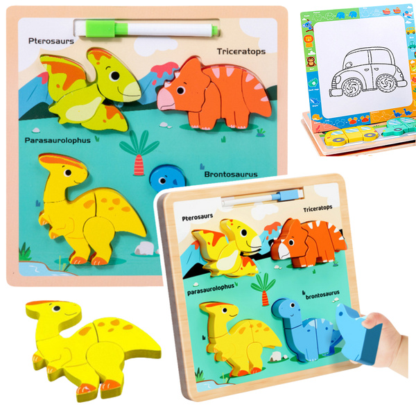 Układanka Tablica 2w1 Drewniana Edukacyjna Dinozaury Pisak 