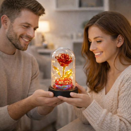 Wieczna Róża Kryształowa w Kopule z Oświetleniem LED z Serduszkiem 14x8cm