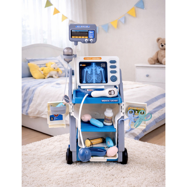 Zestaw Małego Doktora Wózek Medyczny RTG EKG Światła Niebieski 16 el.