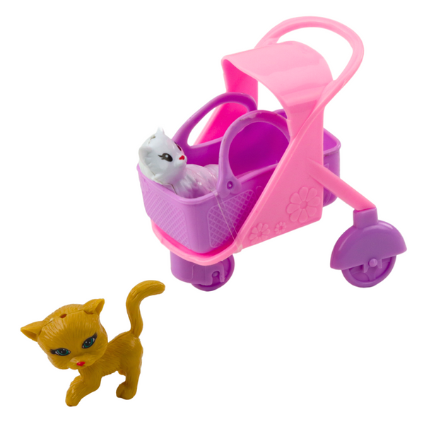 Mini Lalka Z Akcesoriami Wózek Kotki Zestaw Laleczka Różowa 