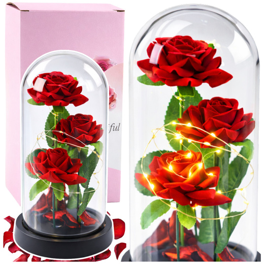 Wieczne 3 Róże w Kopule z Oświetleniem LED i Płatkami Róż Czerwone 21x11cm