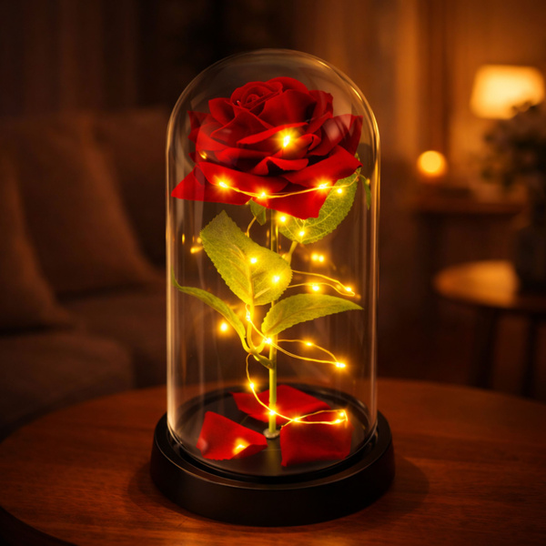Wieczna Róża W Szklanej Kopule Oświetlenie LED Czerwona 21,5 x 11 cm 