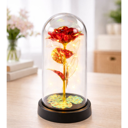 Wieczna Róża W Szle Kryształowa Oświetlenie LED Motylek Czerwona 21x11cm  