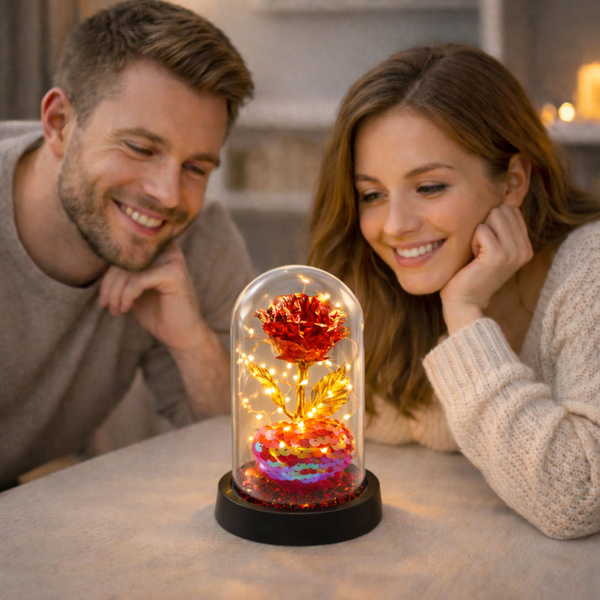 Wieczna Róża Kryształowa w Kopule z Oświetleniem LED z Serduszkiem 14x8cm