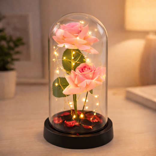 Wieczne Róże w Kopule z Oświetleniem LED i Płatkami Róż Różowe 21x11cm