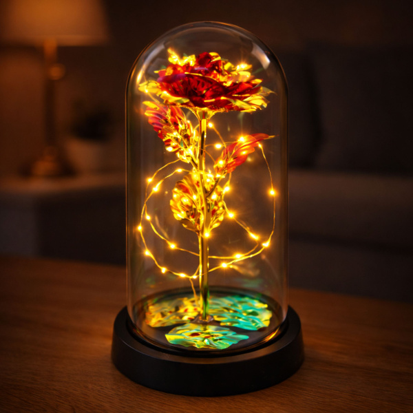 Wieczna Róża W Kopule Kryształowa Oświetlenie LED Czerwona 21x11cm  