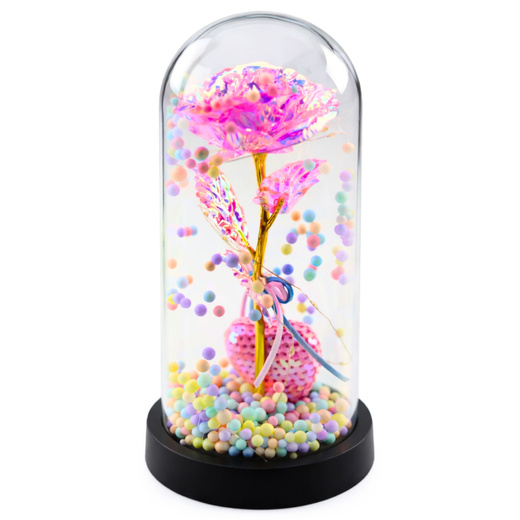 Wieczna Róża w Kopule z Oświetleniem LED Różowa z Serduszkiem i Kuleczkami 