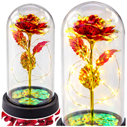 Wieczna Róża W Kopule Kryształowa Oświetlenie LED Czerwona 21x11cm  