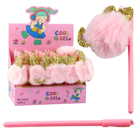 Długopis Żelowy Zatyczka Z Różowym Pomponem Niebieski Tusz 17cm 0.5mm 