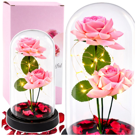  Wieczne Róże w Kopule z Oświetleniem LED i Płatkami Róż Różowe 21x11cm