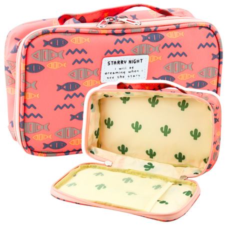 Piórnik Szkolny Organizer Kosmetyczka Dodatkowa Kieszonka Ryby Różowy 22,5cm